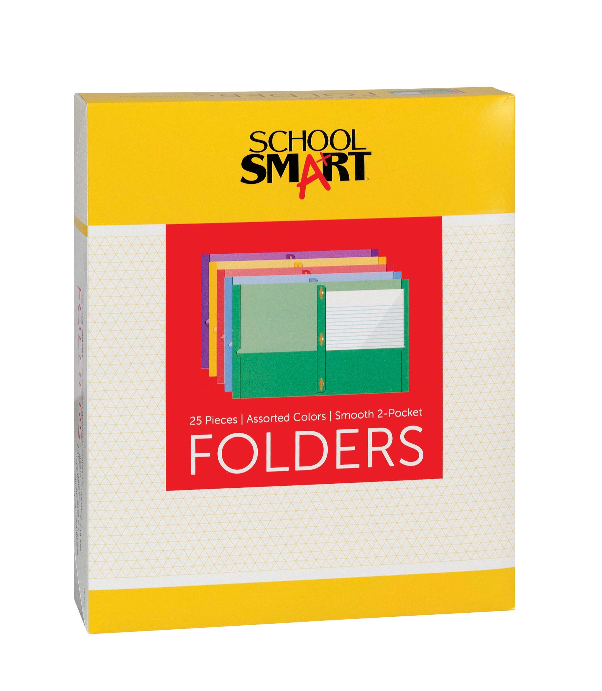 School Smart Smooth 2-Pocket Folder with Fasteners, Assorted Colors, Pack of 25 067505